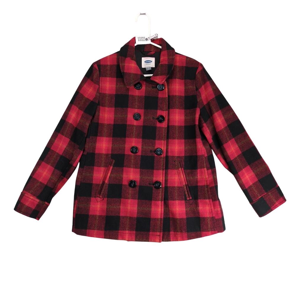 Old Navy Wool Blend Buffalo Plaid Coat Women's L Double Breasted Lined Pockets